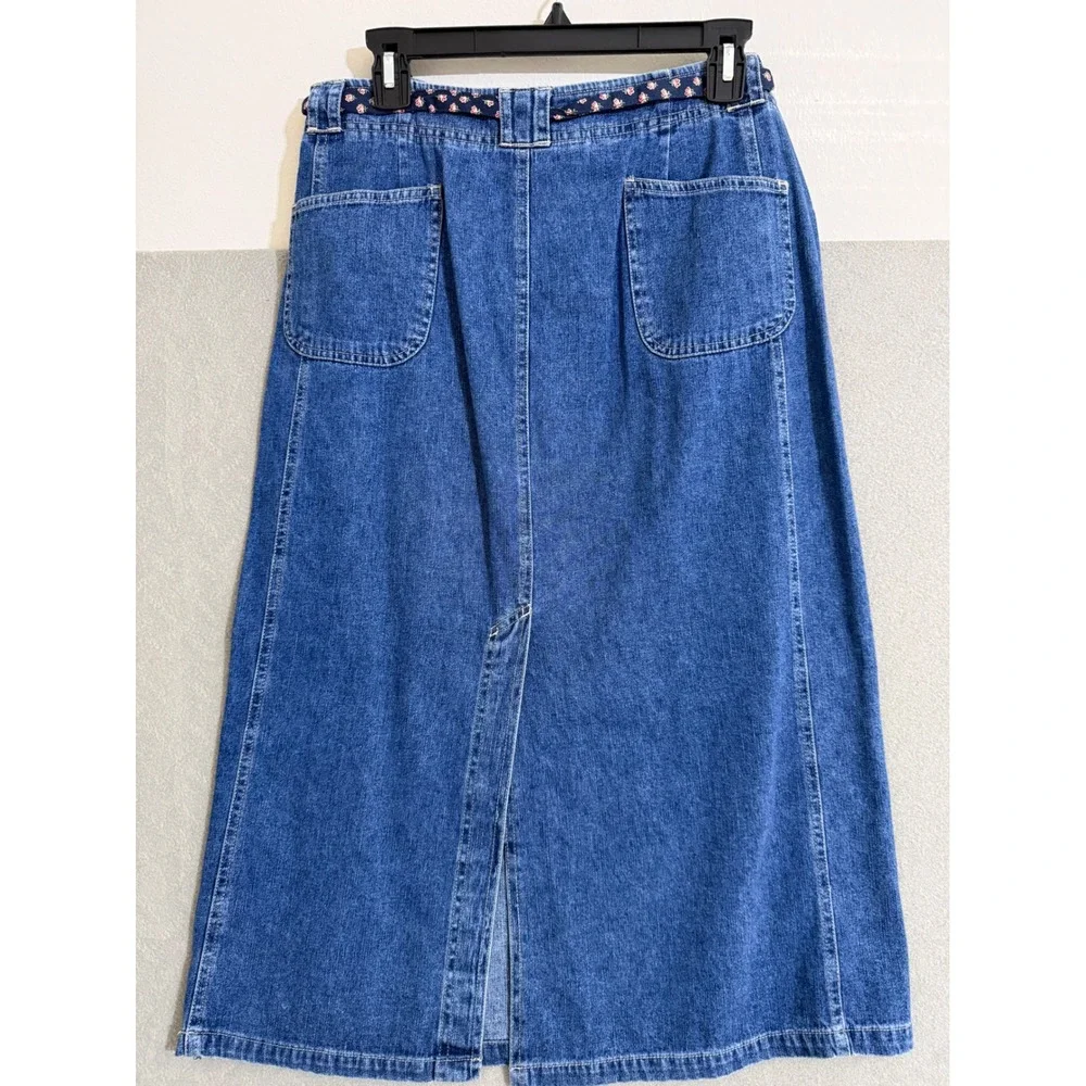 Vtg Blue jean Skirt Womens 12 Petite A-Line Belted Cottagecore boho minimalist